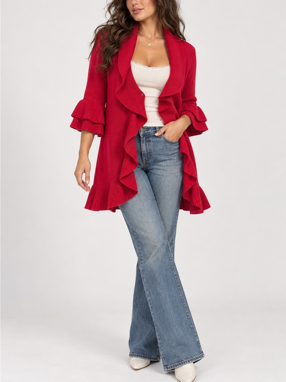 Cherry Red Ruffle Trim Waterfall Cardigan Sweater Flare Sleeve Romantic Y2K - XL